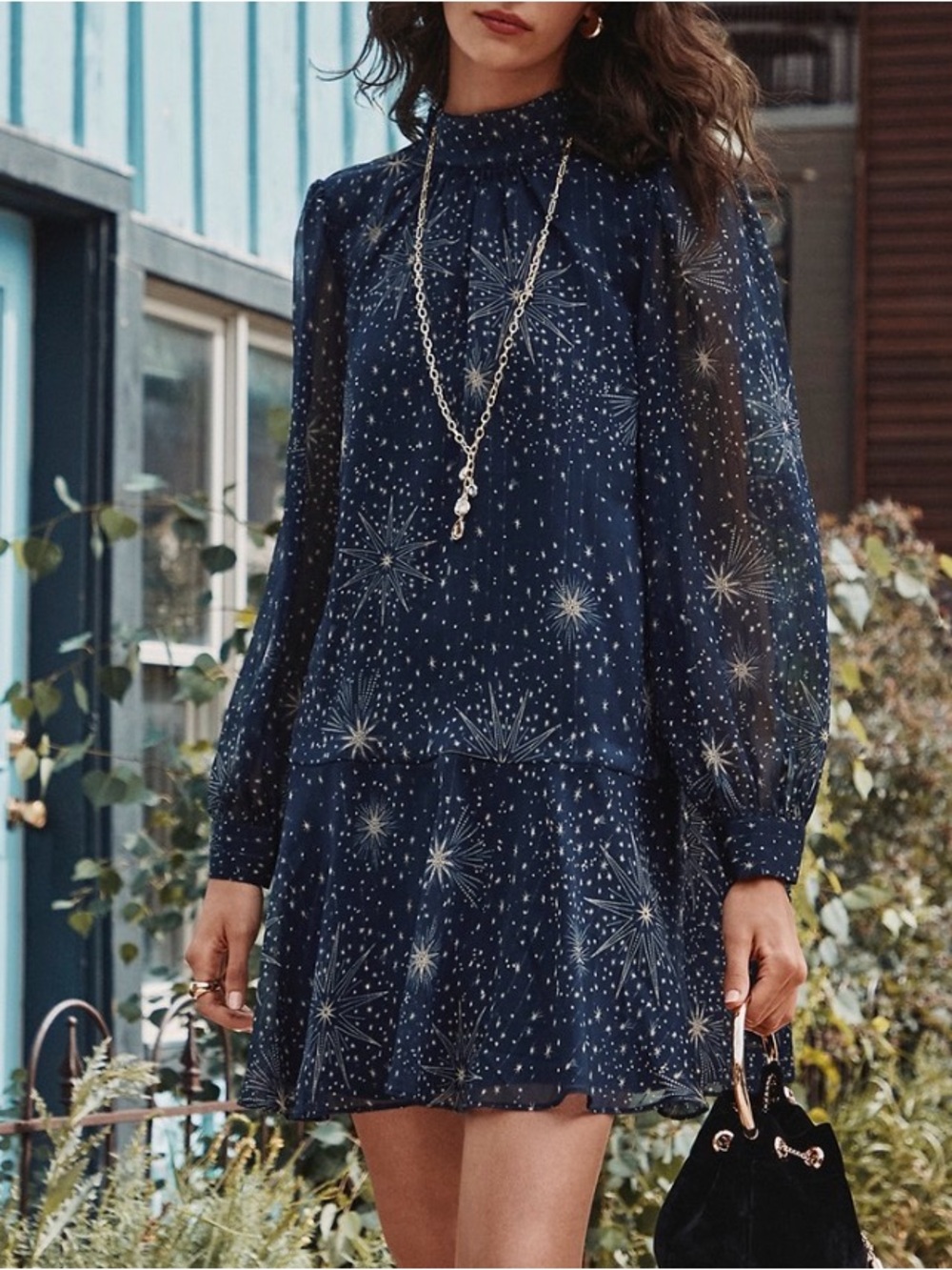 Loft Navy and gold Tie-Neck Chiffon Dress